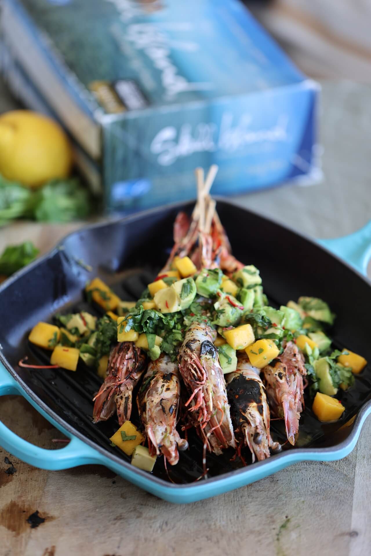 Coconut & ginger marinated prawns with sweet and sour mango salsa Coconut & ginger marinated prawns with sweet and sour mango salsa