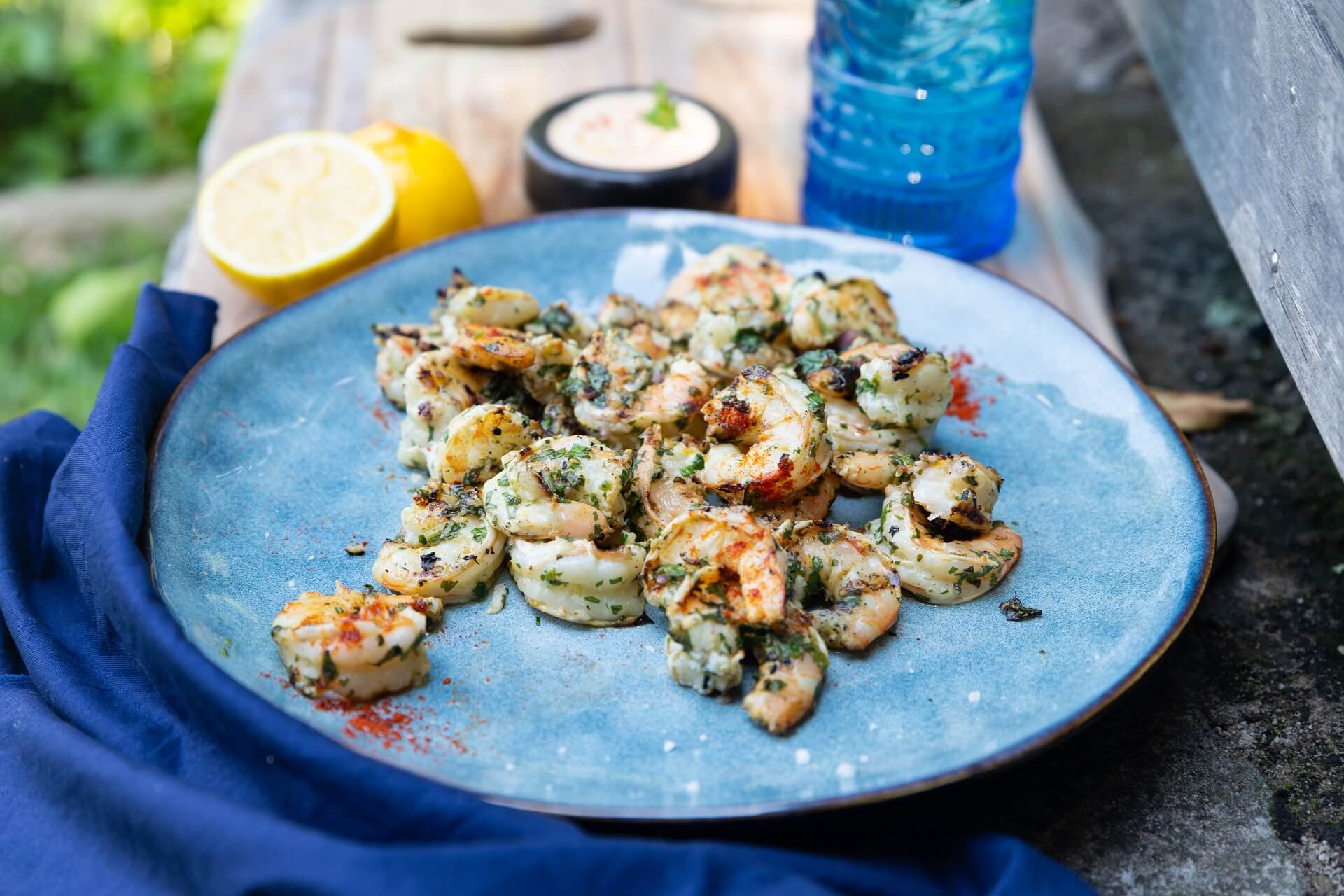 Wild banana prawns chermoula with lemon and coconut tahini