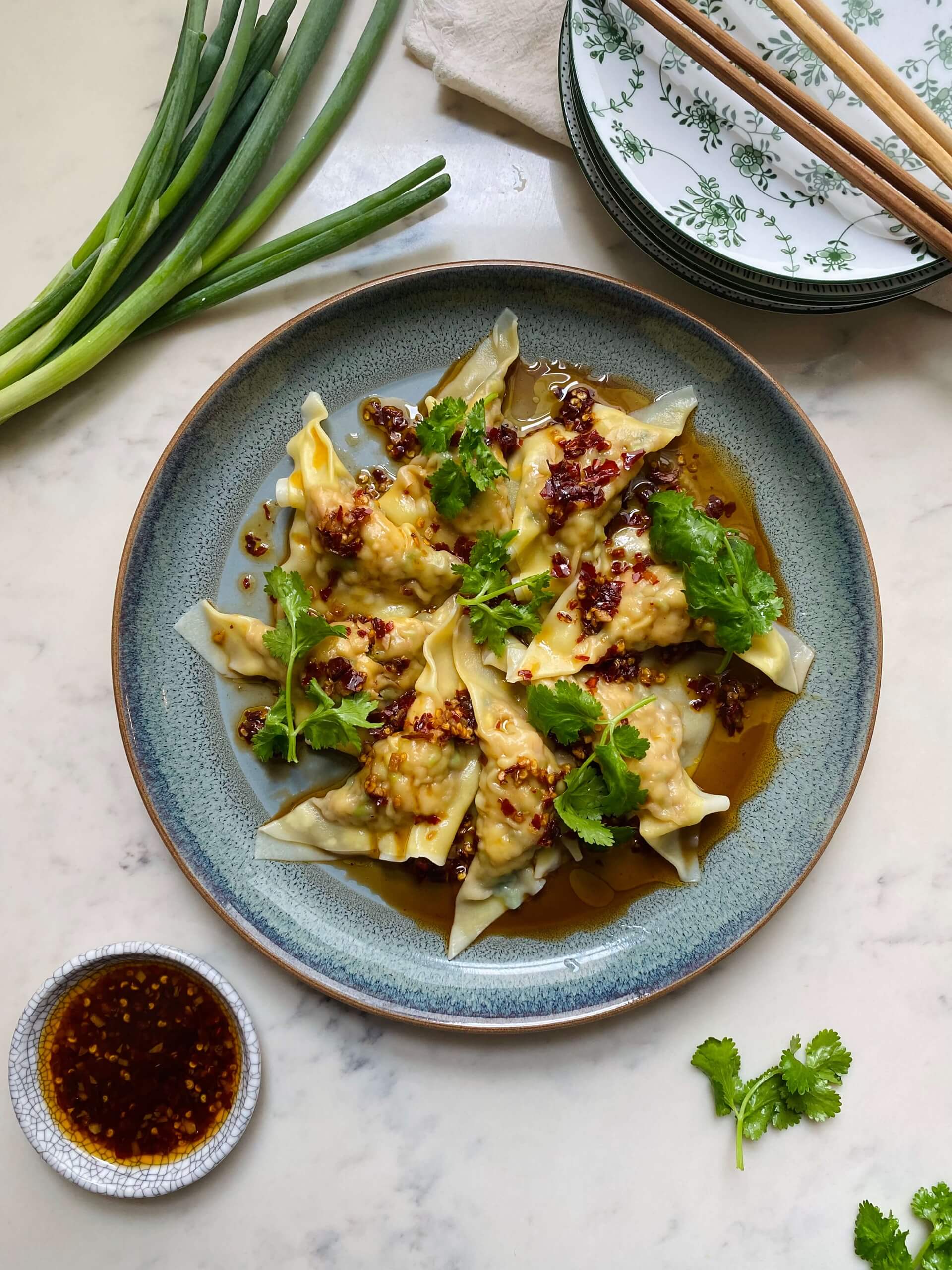 Wild prawn dumplings with chilli oil dressing Wild prawn dumplings with chilli oil dressing
