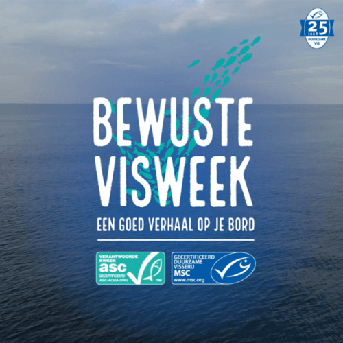 beeldmerk van de Bewuste Visweek met daaronder de slogan een goed verhaal op je bord met daaronder de logo's van ASC en MSC