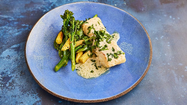 Creamy coconut hake with grilled seasonal vegetables