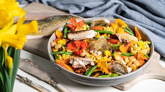 Walleye with sweetcorn and peach succotash