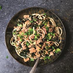 Tuna noodle salad served in a bowl