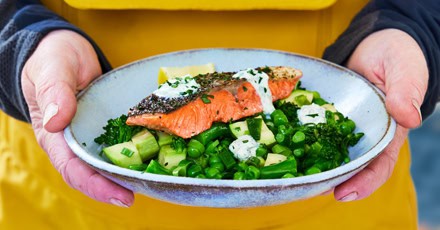 Herbed Wild Salmon with Creme Fraiche and Spring veggies