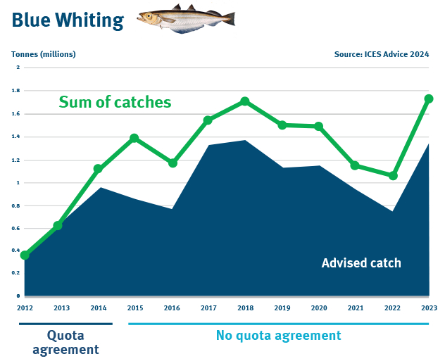 Graph showing fishing catch of North East Atlantic blue whiting exceeding scientifically advised limits