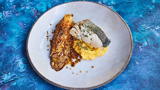 Steamed lemon and thyme coley with cider-braised cabbage and mashed swede