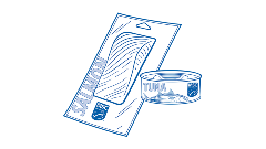 Illustrated packages of salmon filet and canned tuna